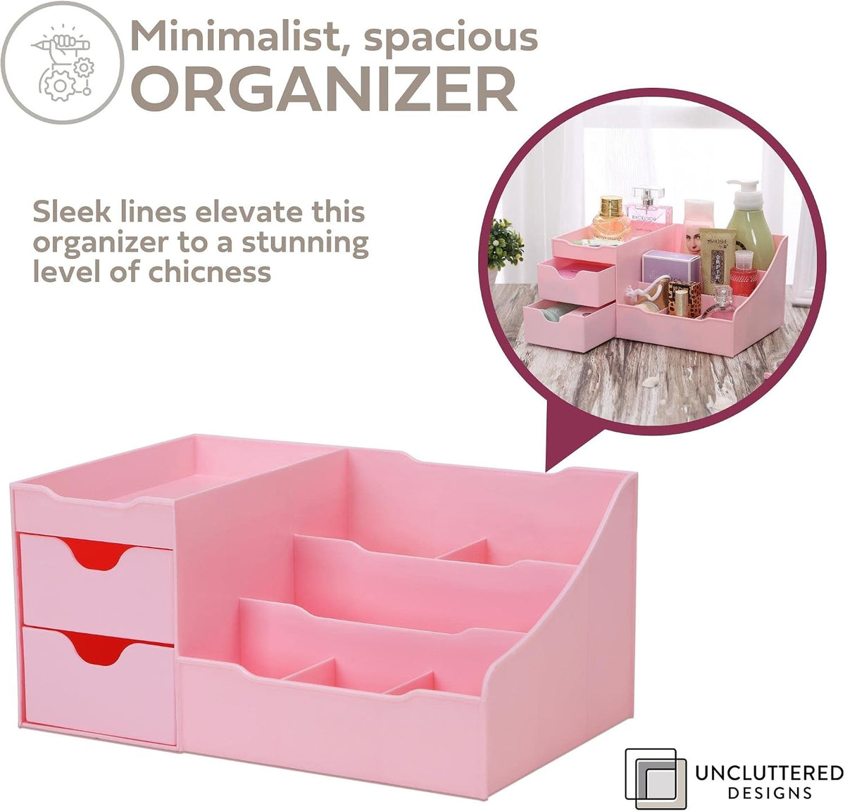 Makeup Organizer With Drawers - Cute Kawaii Countertop Storage for Cosmetics, Pretty Vanity Holder for Perfume, Skincare, Brush, Lipstick, Nail Polish and other Accessories Pink