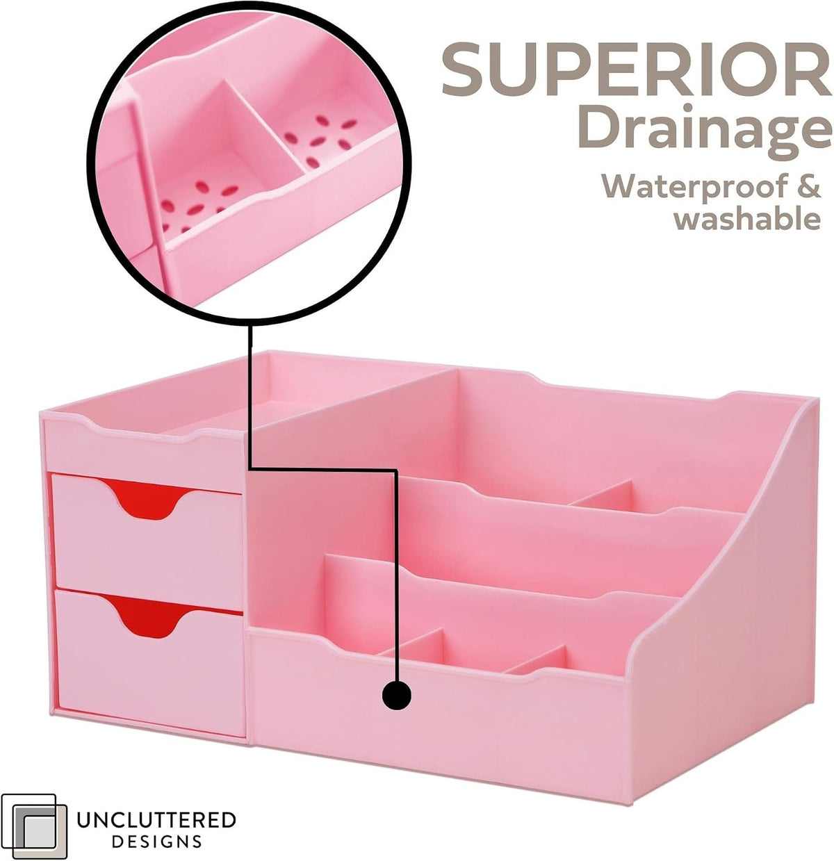 Makeup Organizer With Drawers - Cute Kawaii Countertop Storage for Cosmetics, Pretty Vanity Holder for Perfume, Skincare, Brush, Lipstick, Nail Polish and other Accessories Pink