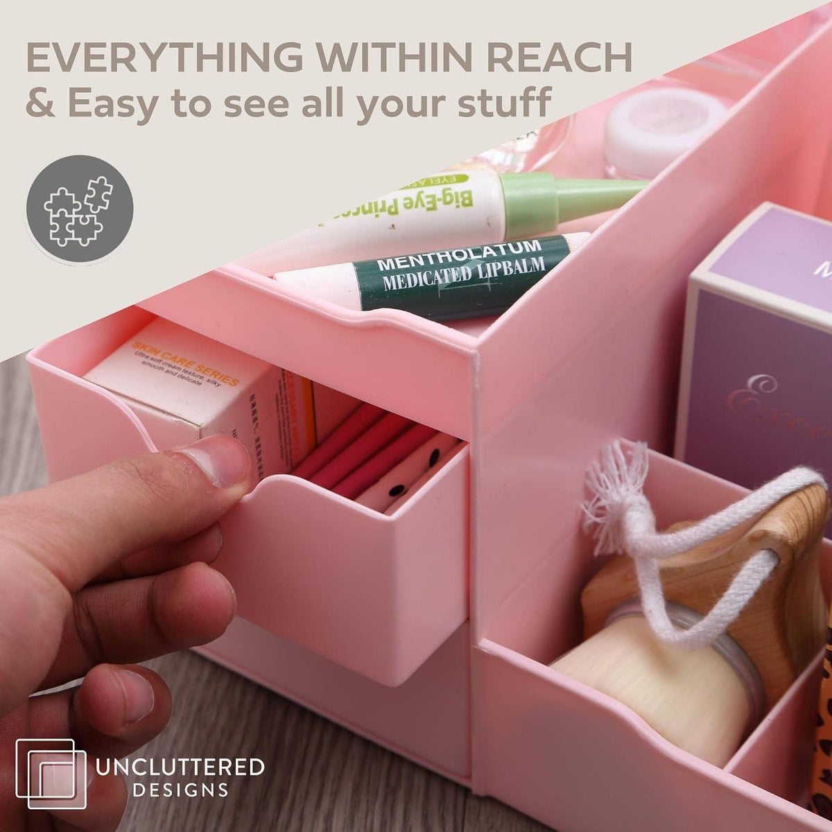 Makeup Organizer With Drawers - Cute Kawaii Countertop Storage for Cosmetics, Pretty Vanity Holder for Perfume, Skincare, Brush, Lipstick, Nail Polish and other Accessories Pink