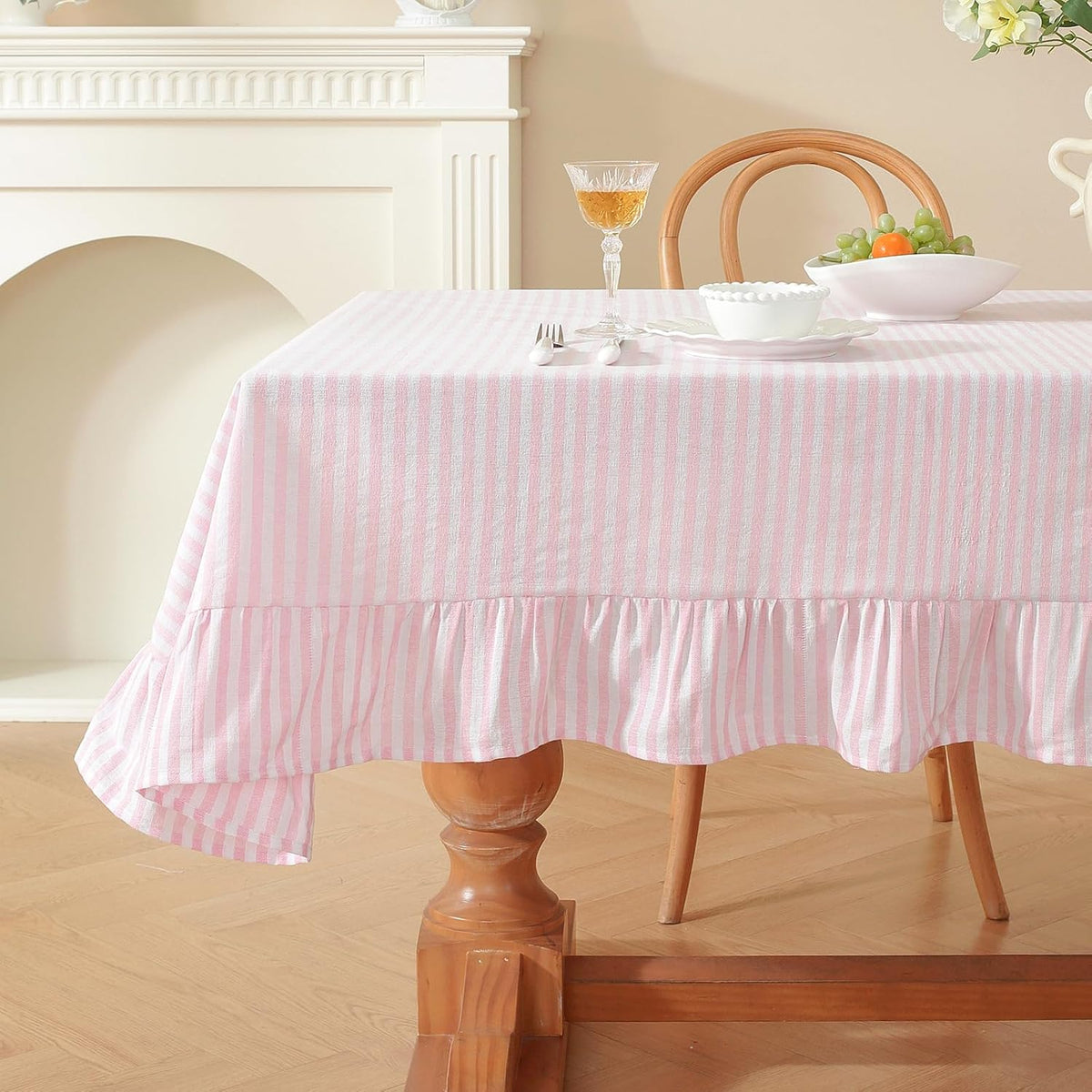 Striped Ruffled Tablecloth Rectangle Spring Cotton Blend Stripe Table Cloth with Tassel, Farmhouse Washable Wrinkle Free Table Cover for Valentines Day Outdoor Picnic Party, Pink, 55''x86''