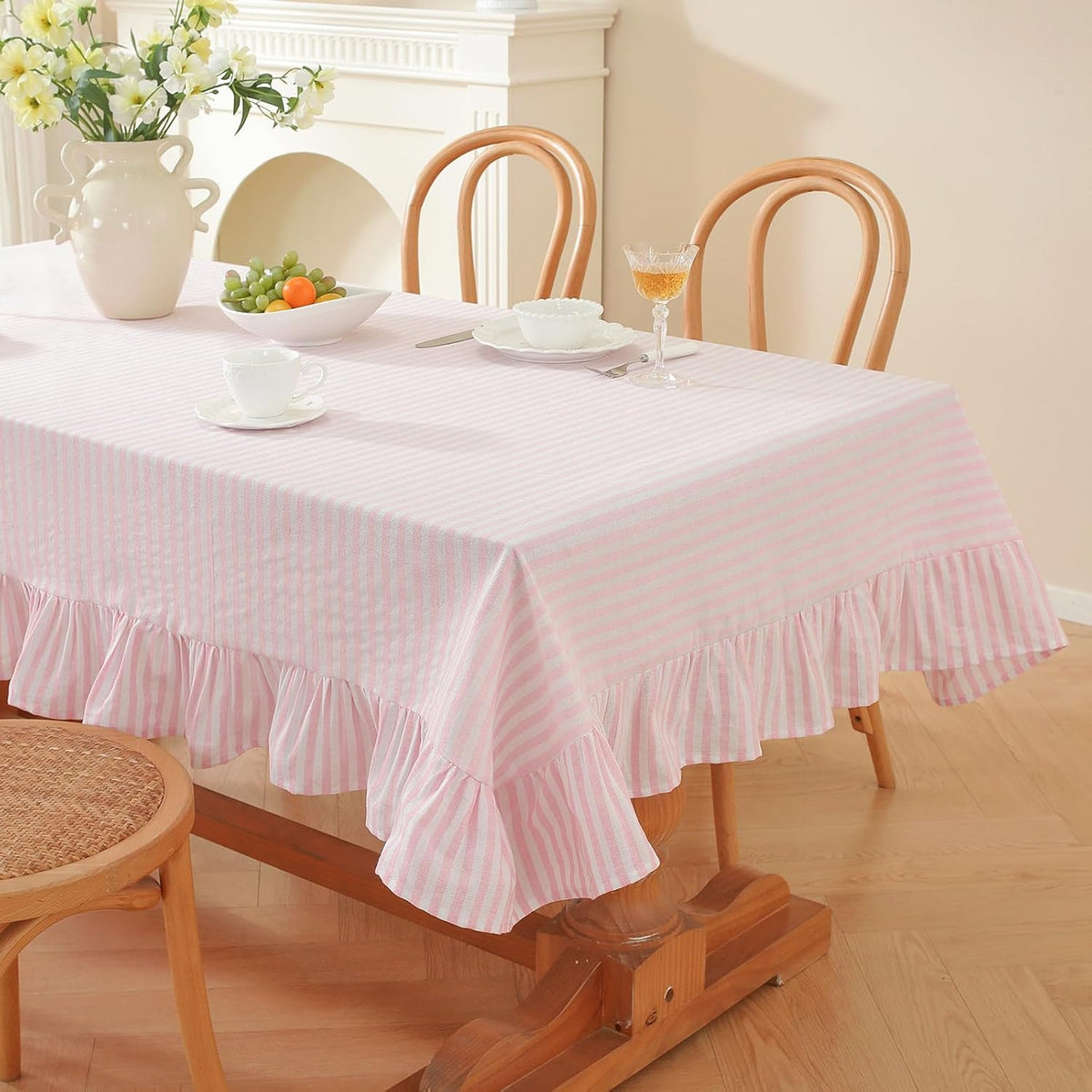 Striped Ruffled Tablecloth Rectangle Spring Cotton Blend Stripe Table Cloth with Tassel, Farmhouse Washable Wrinkle Free Table Cover for Valentines Day Outdoor Picnic Party, Pink, 55''x86''