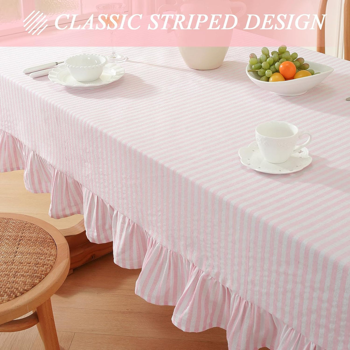 Striped Ruffled Tablecloth Rectangle Spring Cotton Blend Stripe Table Cloth with Tassel, Farmhouse Washable Wrinkle Free Table Cover for Valentines Day Outdoor Picnic Party, Pink, 55''x86''