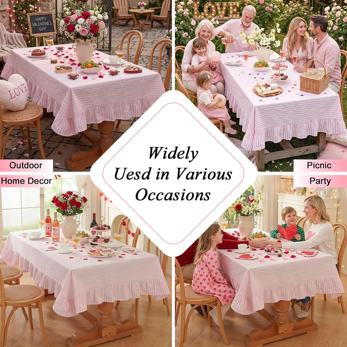 Striped Ruffled Tablecloth Rectangle Spring Cotton Blend Stripe Table Cloth with Tassel, Farmhouse Washable Wrinkle Free Table Cover for Valentines Day Outdoor Picnic Party, Pink, 55''x86''