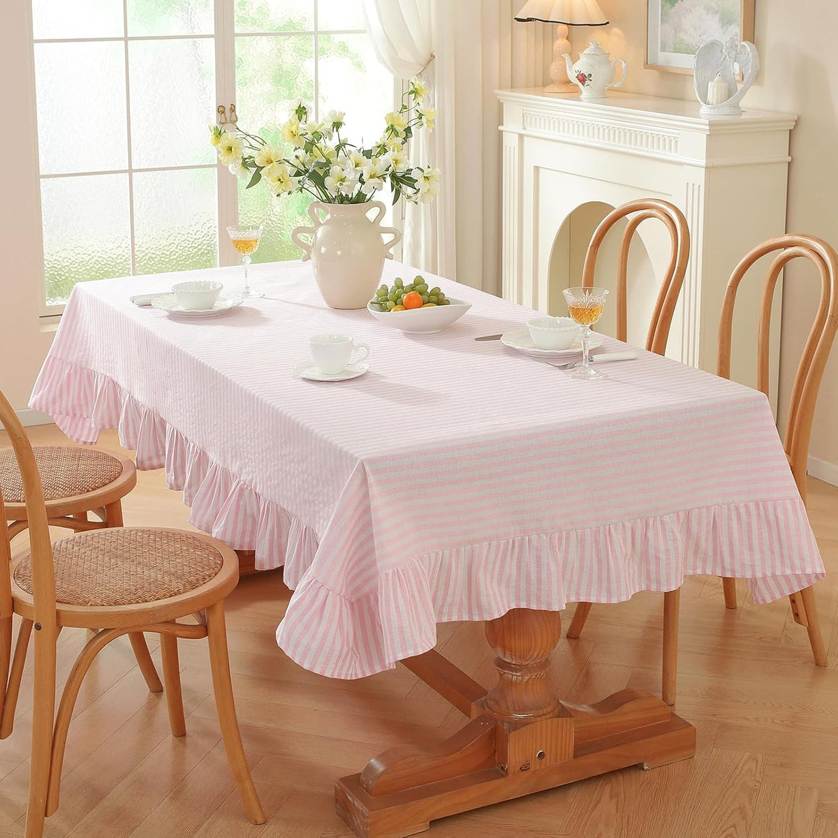 Striped Ruffled Tablecloth Rectangle Spring Cotton Blend Stripe Table Cloth with Tassel, Farmhouse Washable Wrinkle Free Table Cover for Valentines Day Outdoor Picnic Party, Pink, 55''x86''