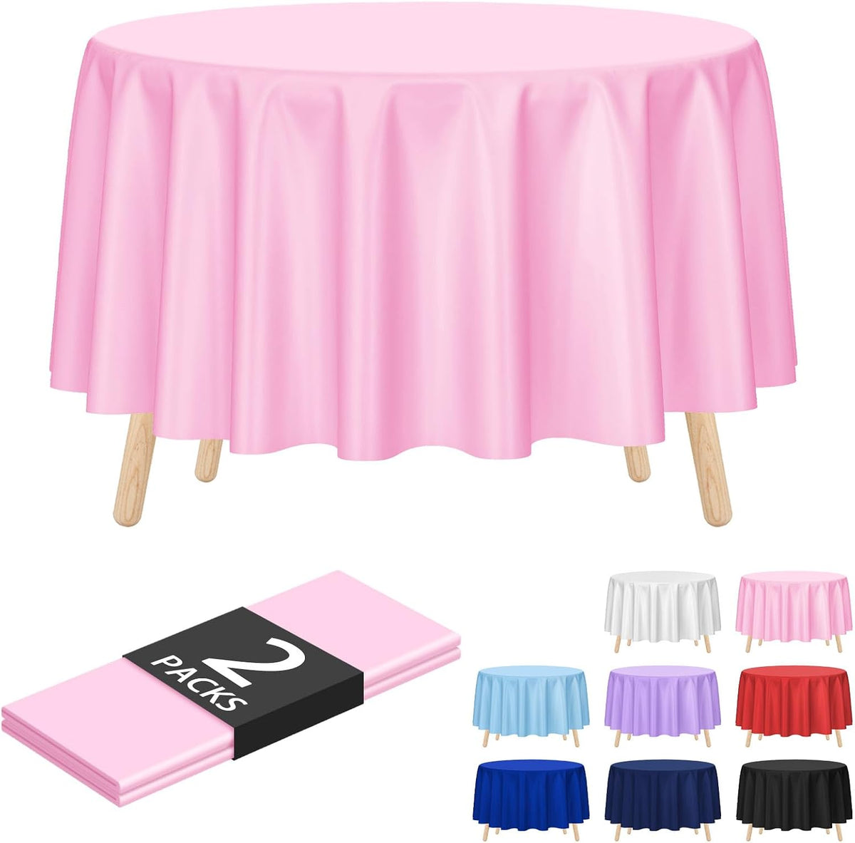 2 Pack Pink Round Disposable Plastic Tablecloths 84 inch