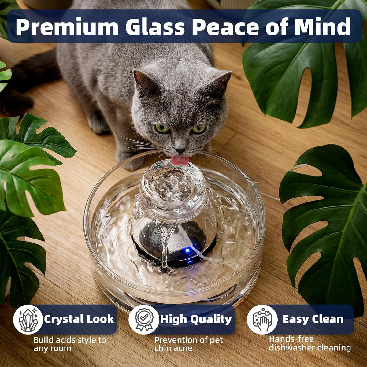 Glass Cat Water Fountain 88oz/2.6L, Cat & Dog Water Fountain for Drinking, Ultra-Quiet Glass Water Fountain for Cats Indoor, Pet Water Fountain for Multi-Cat Homes, Automatic Water Dispenser for Cats