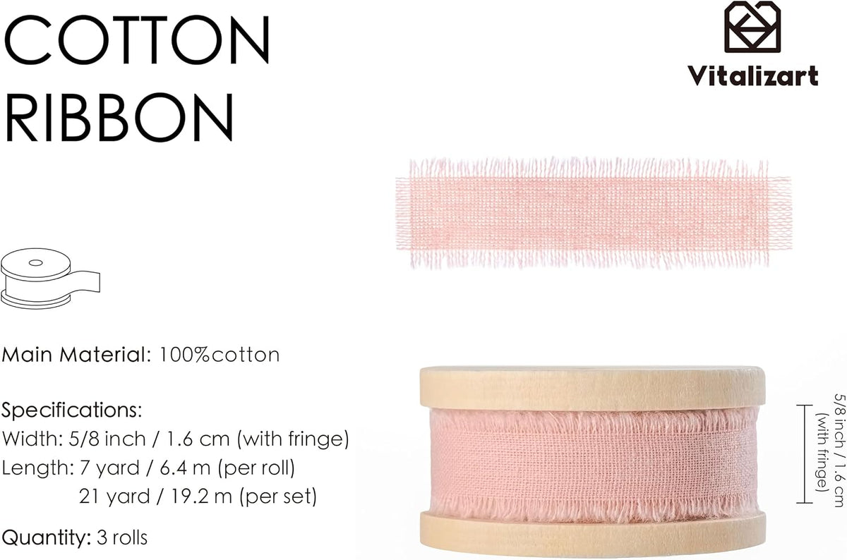 Pink Cotton Ribbon 5/8" x 21Yd Handmade Frayed Fringe