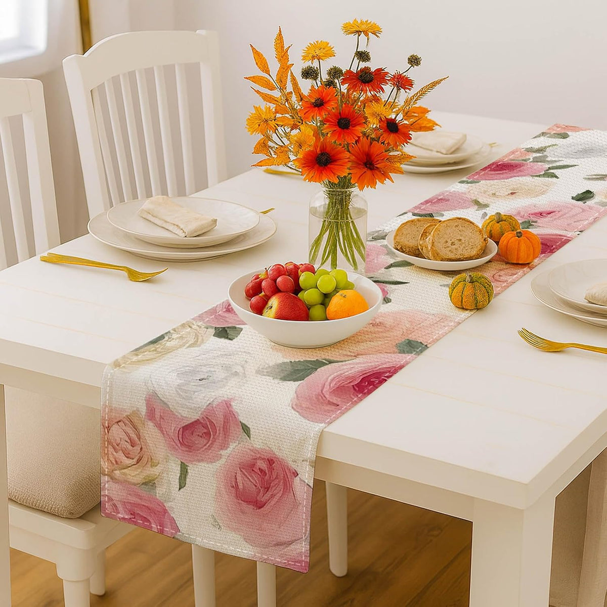 Pink Rose Table Runner Floral Decor 13x72 Inch Burlap