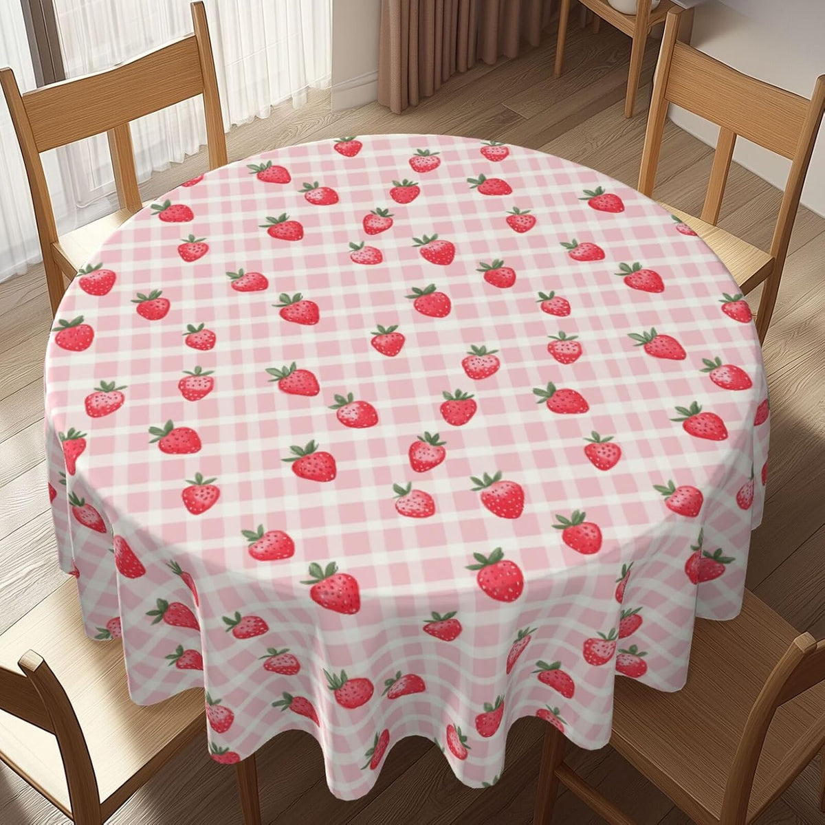 Pink Gingham Cute Strawberry Round Tablecloth 60 inch Table Covers Stain Winkle Resistant Washable Tablecloths for Kitchen Indoor Outdoor Party
