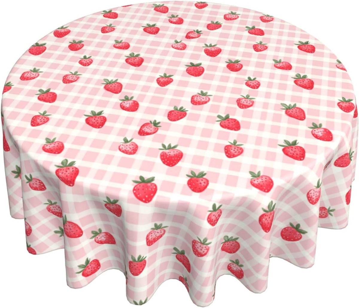 Pink Gingham Cute Strawberry Round Tablecloth 60 inch Table Covers Stain Winkle Resistant Washable Tablecloths for Kitchen Indoor Outdoor Party