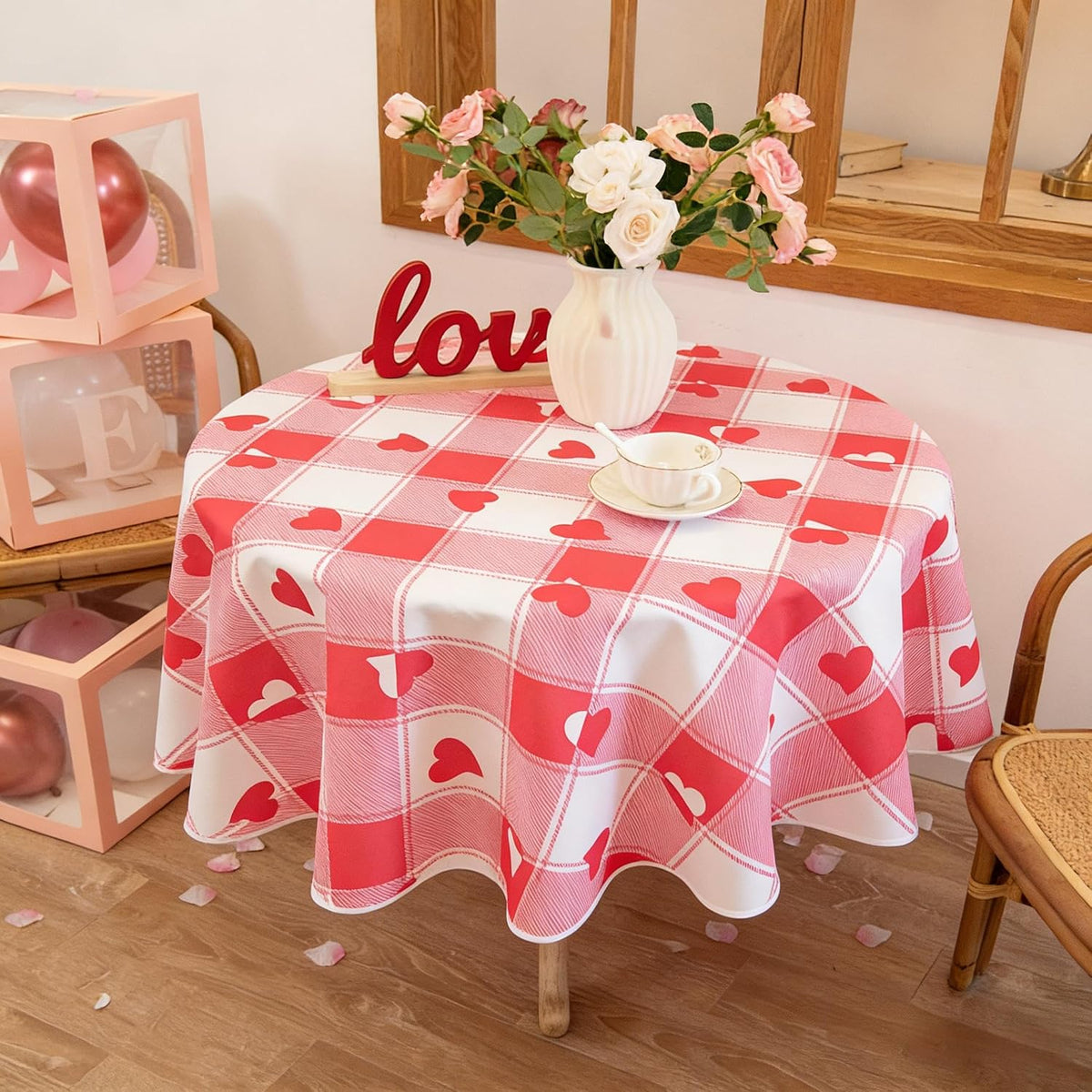 Checkered Round Valentine's Day Tablecloth - Waterproof, Wrinkle Resistant and Washable Gingham Table Cloth Decorative Table Cover for Party, Pink 60 Inch