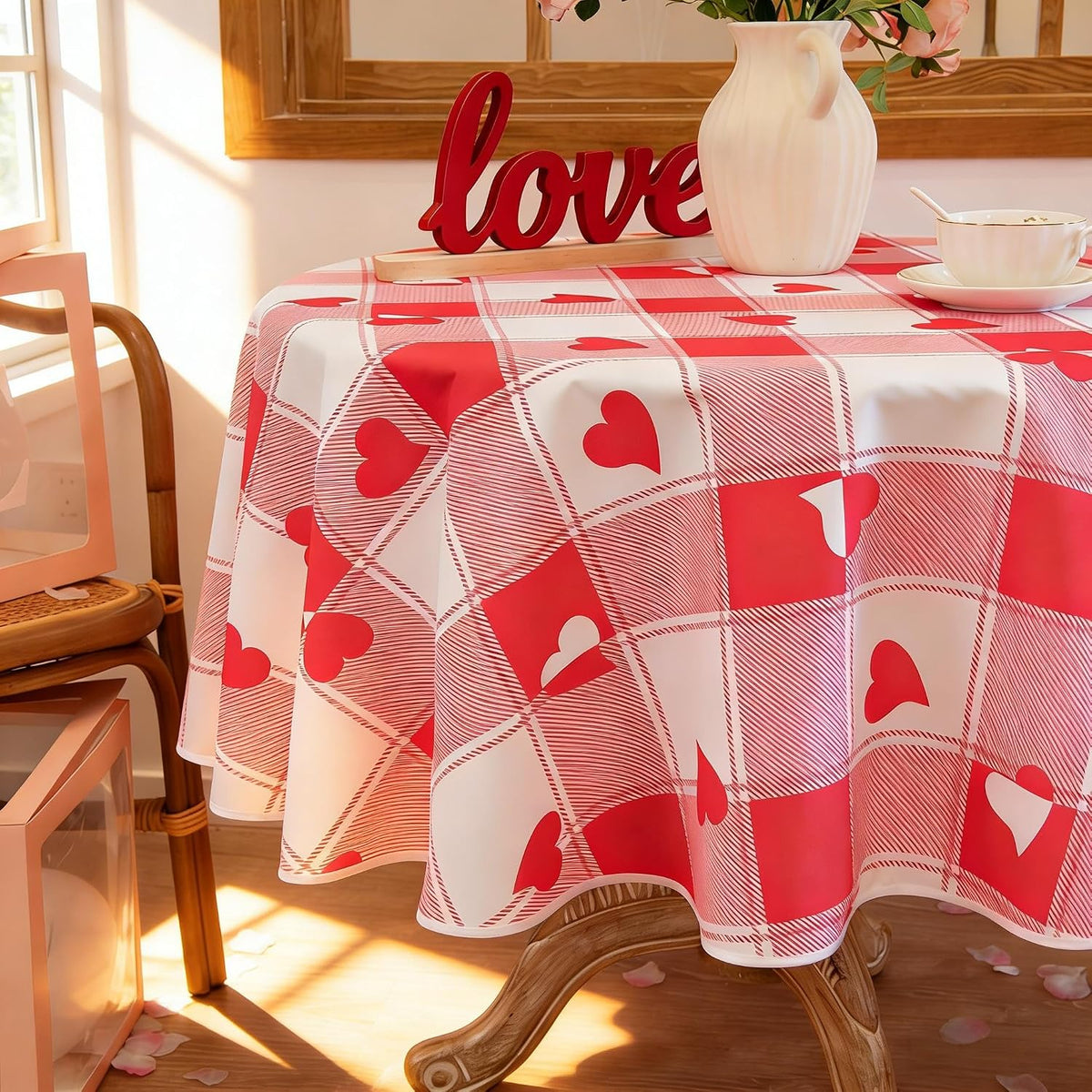 Checkered Round Valentine's Day Tablecloth - Waterproof, Wrinkle Resistant and Washable Gingham Table Cloth Decorative Table Cover for Party, Pink 60 Inch