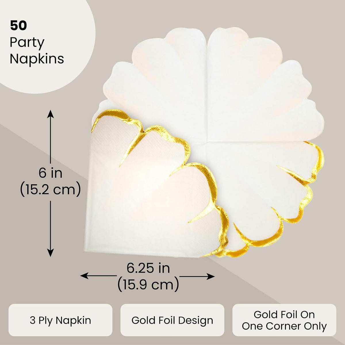 Floral Paper Napkins Pink Gold Scalloped Guest Towels | 50 Count 3-Ply Paper Dinner Napkins for Wedding Receptions Table Settings and Baby Showers - 6.25 x 6 Inches