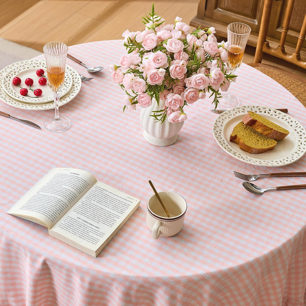 Gingham Ruffled 60" Round Tablecloth Cotton Linen Style, Blush Pink