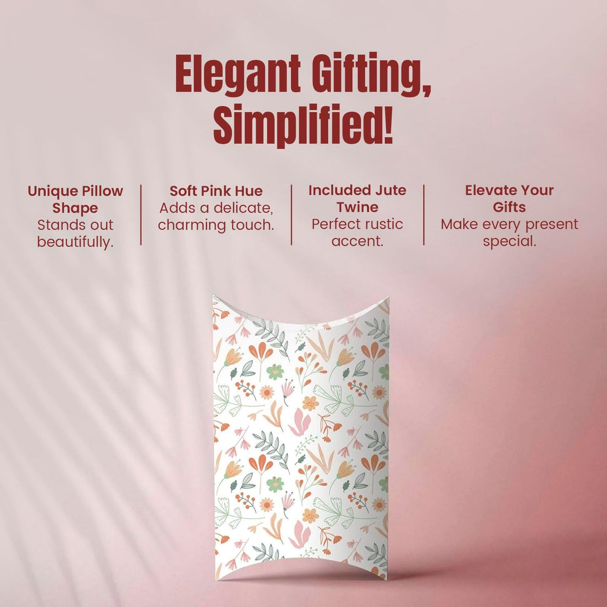 mudrit Pillow Paper Boxes 50pcs with Jute Twine, Decorative Folding Paper Gift Boxes for Gifting Chocolates, Dryfruits, Candies, Soap, Jewellery packaging, Size 5.5" x 3.5"