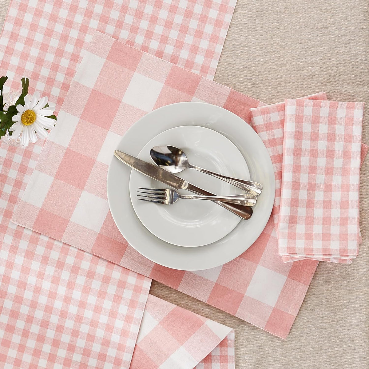 DII Cotton Napkin Set Machine Washable Everyday Basic, 20x20, Pink & White Gingham, 6 Count