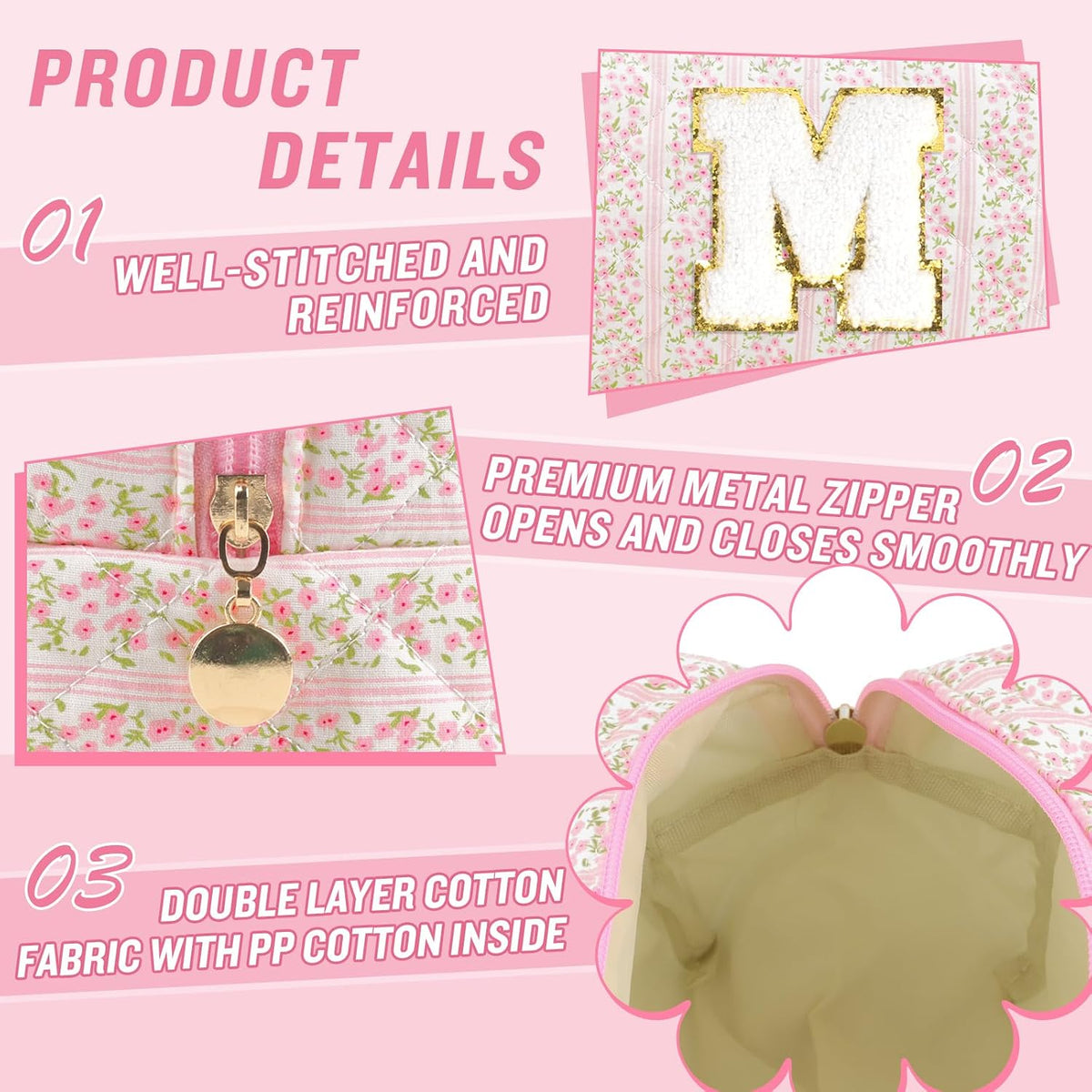 Personalized Quilted Cosmetic Bag, Puffy Monogrammed Christmas Birthday Gifts for Women & Girls, Cute initial Floral Makeup Bag Puffer Coquette Bag, Aesthetic Travel Toiletry Zipper Pouch(Pink,M)