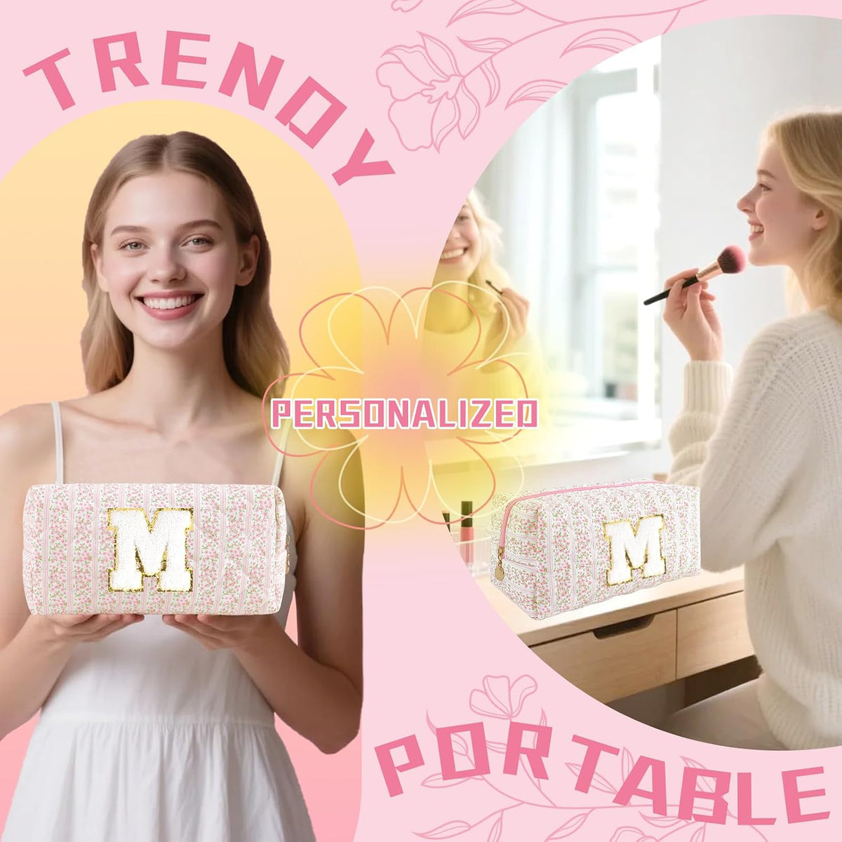 Personalized Quilted Cosmetic Bag, Puffy Monogrammed Christmas Birthday Gifts for Women & Girls, Cute initial Floral Makeup Bag Puffer Coquette Bag, Aesthetic Travel Toiletry Zipper Pouch(Pink,M)