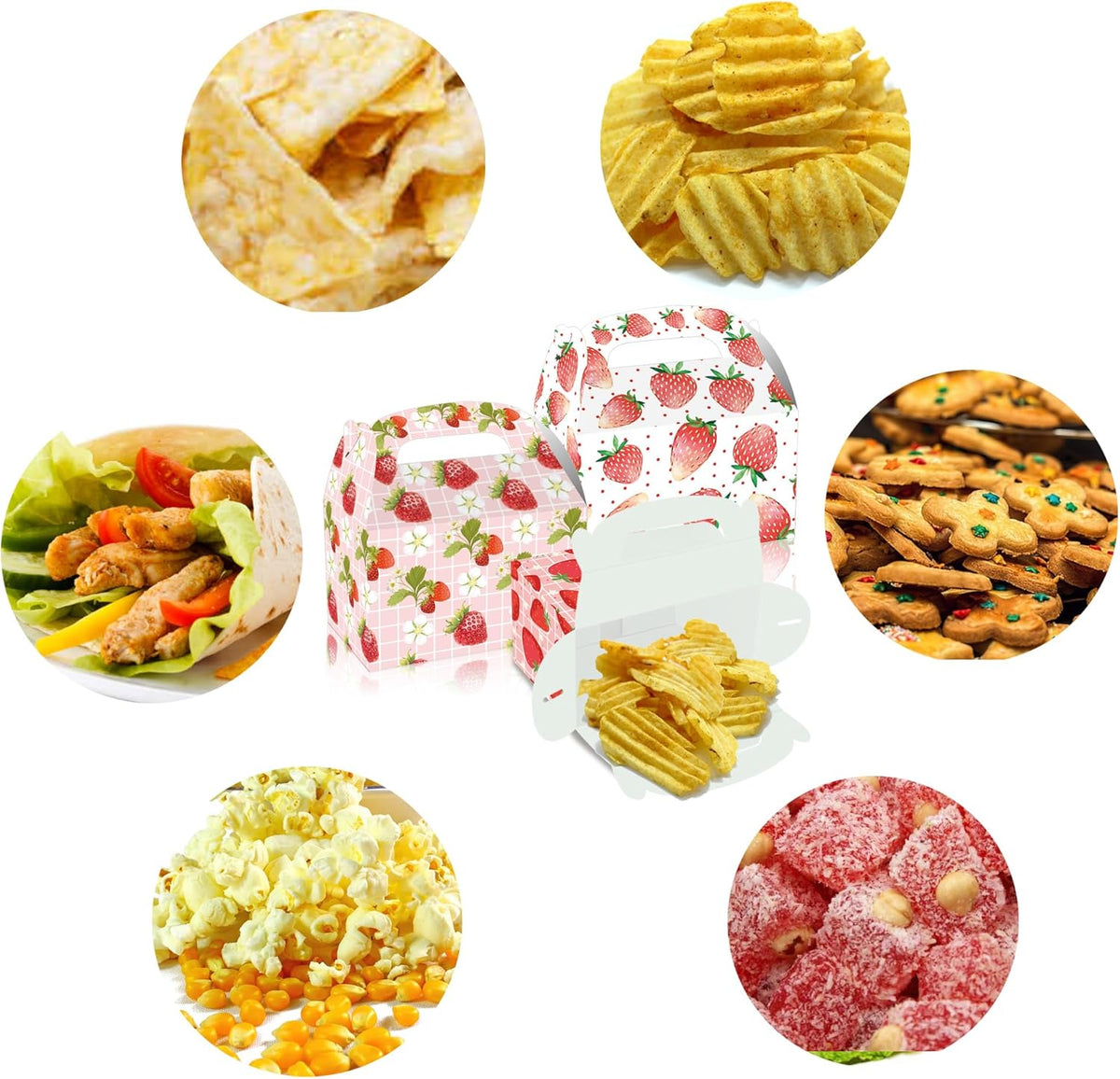 12 pcs Strawberry Treat Boxes, 4 Designs Summer Strawberry Gift Boxes with Handles, Pink Cute Party Favor Boxes for Candy Cookies Gifts, Baby Shower, Wedding, Birthday Party Decorations Supplies