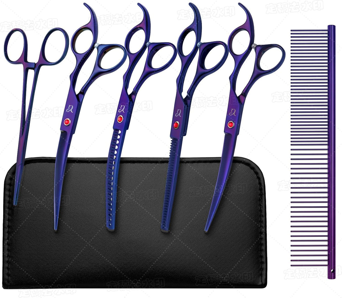 Dog Grooming Scissors,Purple Curved Chunkers Shears with Safety Round Tips,Sharp and Durable 6 in 1 Dog Scissors for Grooming