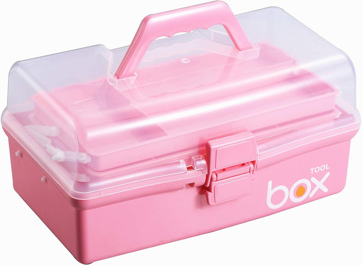 12'' Three-Layer Clear Plastic Storage Box with Handle, Craft Tool Box, 3 Layer Pink Tackle Box for Women, Organizer Box for Sewing Art and Cosmetic (Pink)