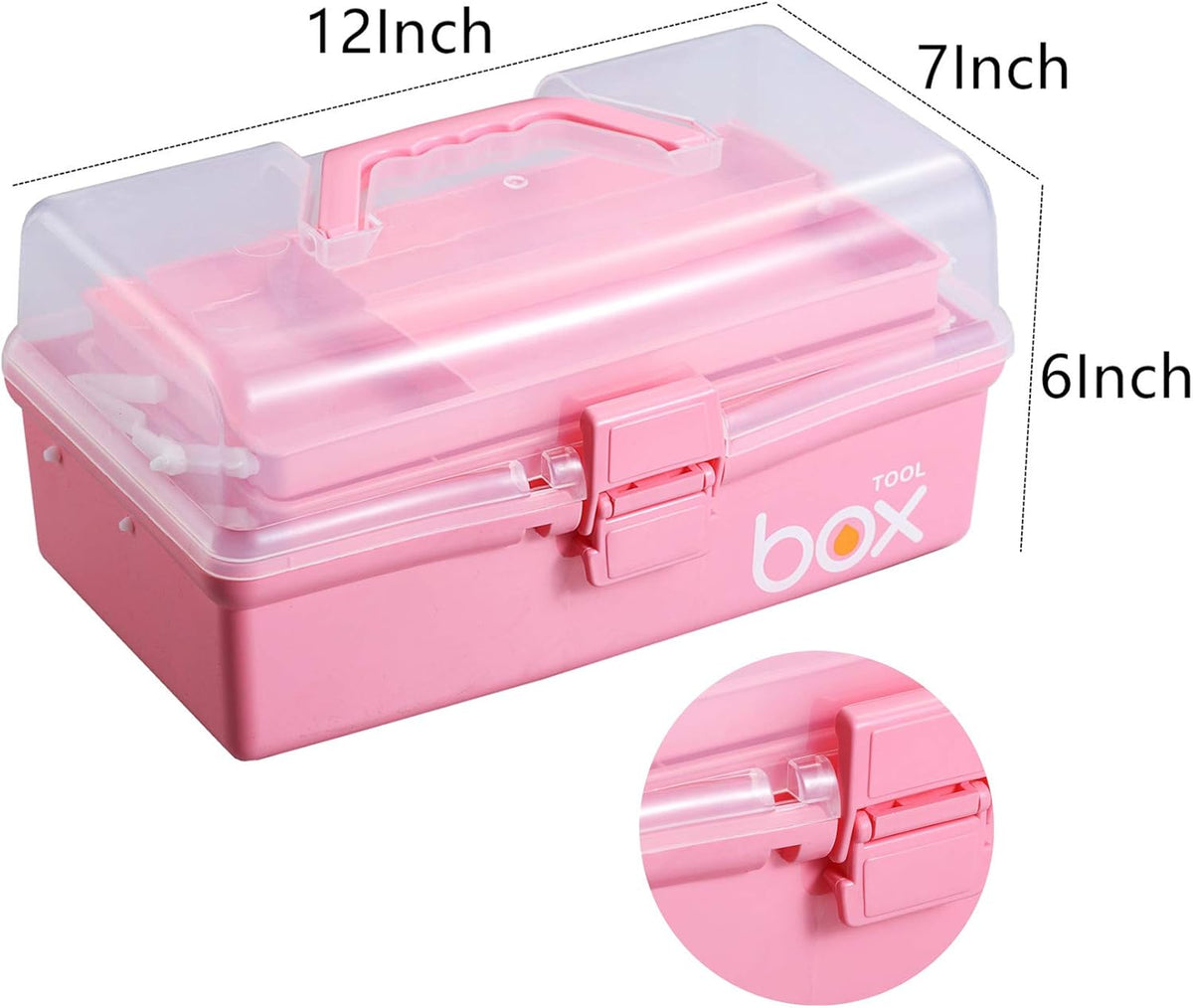 12'' Three-Layer Clear Plastic Storage Box with Handle, Craft Tool Box, 3 Layer Pink Tackle Box for Women, Organizer Box for Sewing Art and Cosmetic (Pink)