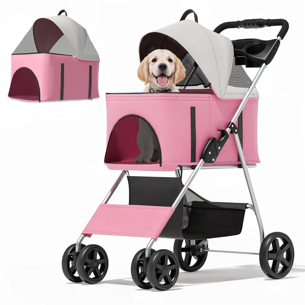 Foldable Pet Stroller for Small & Medium Dogs, Pink