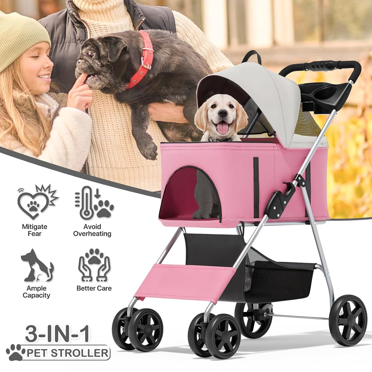 Foldable Pet Stroller for Small & Medium Dogs, Pink
