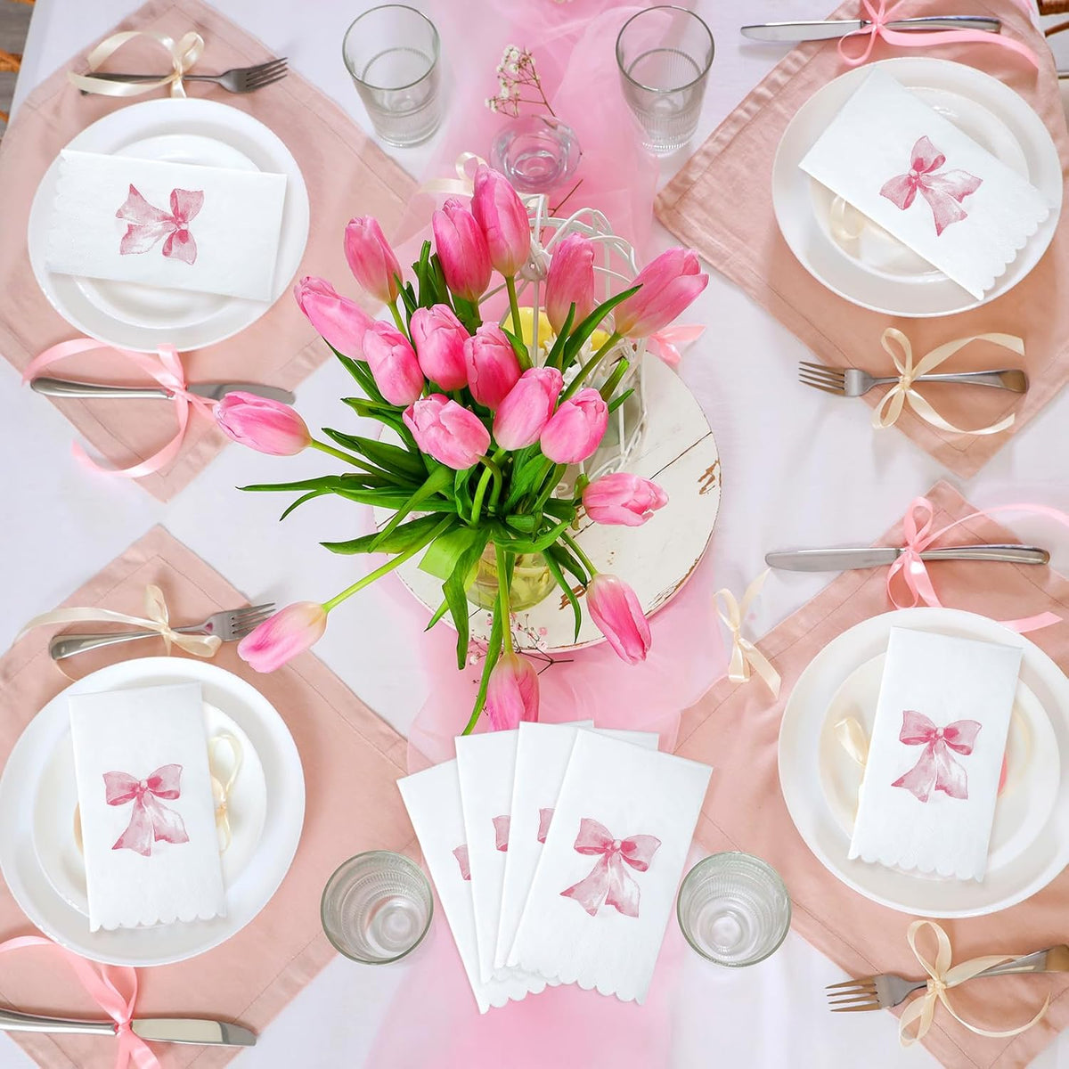 HunnmingRe 150 Pcs Bow Napkins for Decoupage 3 Ply Coquette Cute Party Supplies Bow Party Disposable Paper Napkins for Bachelorette Bridal Baby Shower Tea Wedding Birthday(Pink,Rectangle)