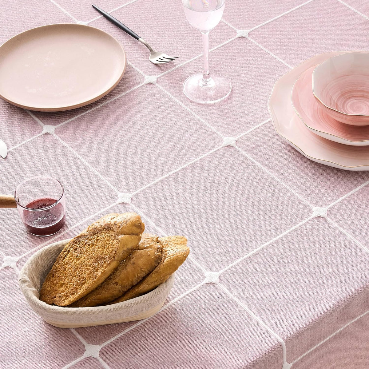ZeeMart Boho Rectangle Grid Tablecloth with Tassels, Pink 52x70in