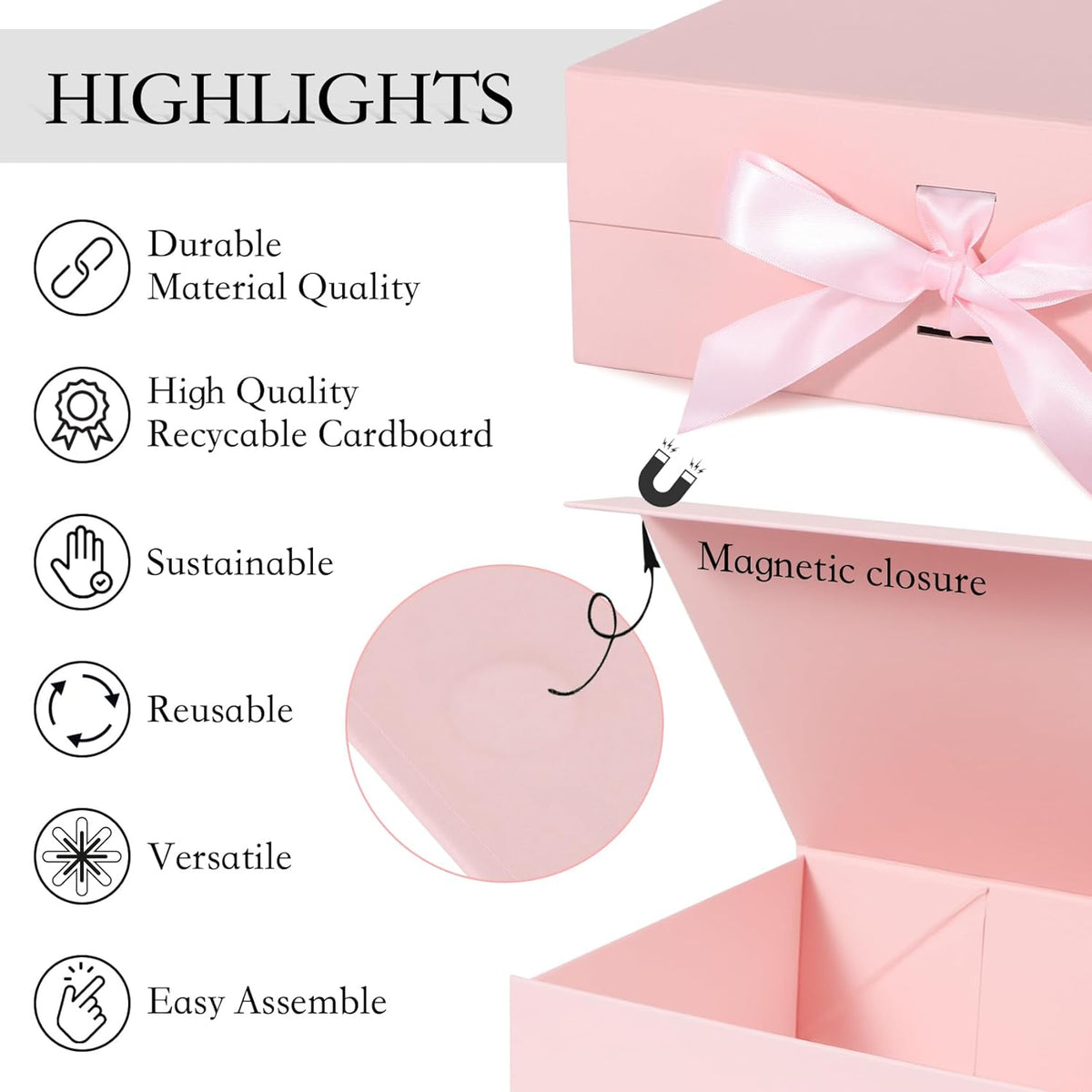 LFBOX Pink Gift Box with Ribbon Magnetic Lids 2 Pack