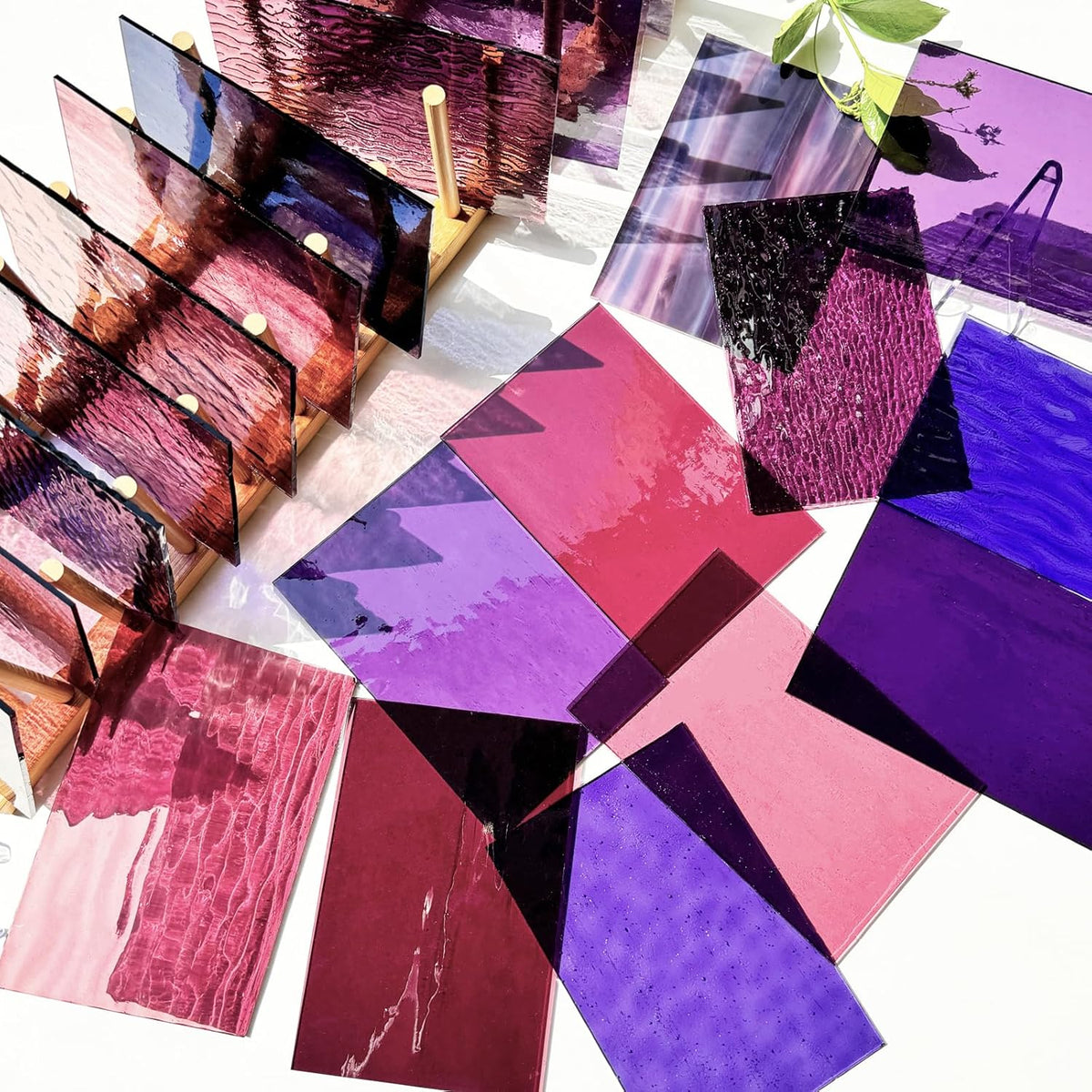 24 Sheets Shades of Purple Stained Glass Sheets, 6 X 4 inches Stained Glass Supplies Mosaic Tiles for Crafts, Pink Colors for Glass Projects or Mosaic Arts