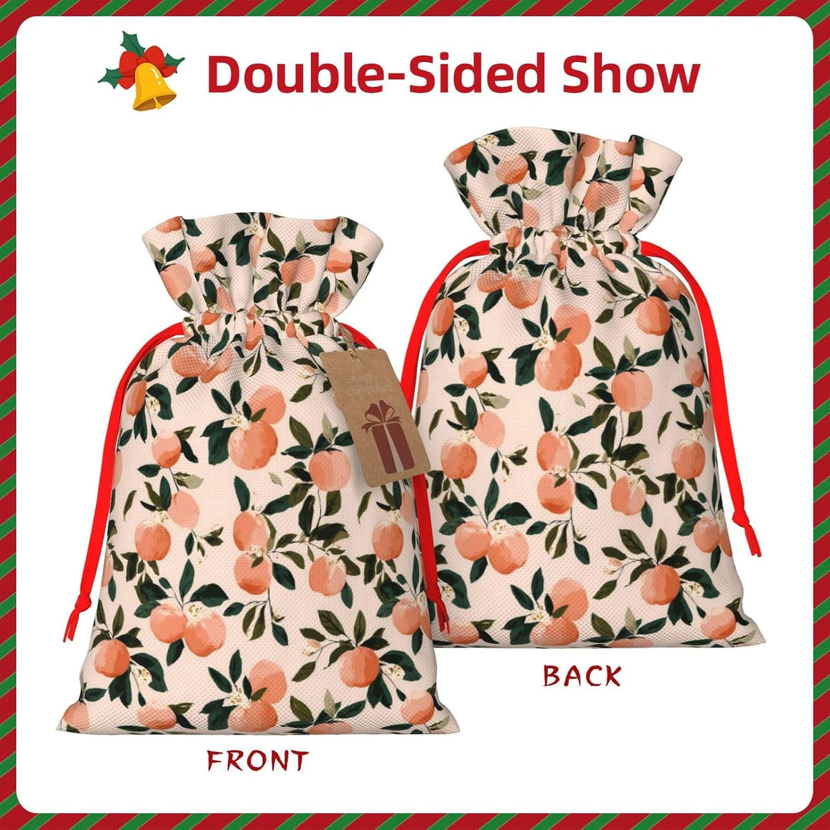 Fruits Peach (2) Print Christmas Drawstring Gift Bags, Reusable Candy Treat Bags For Holiday Birthday Party