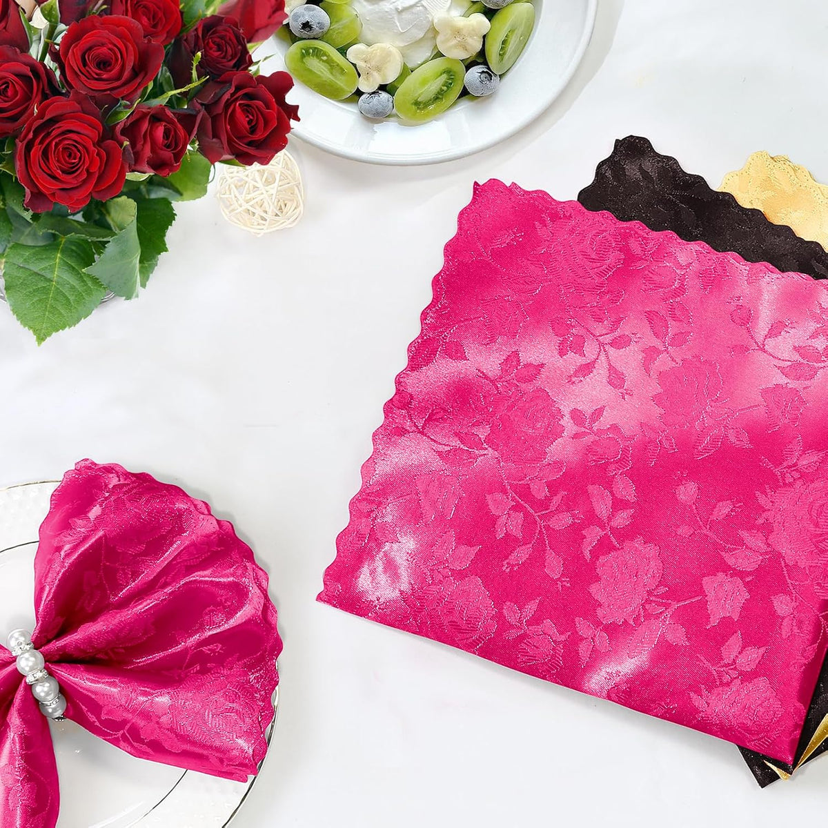 Homiest Jacquard Satin Napkins - 12 Pack Scalloped Square Satin Dinner Napkins for Wedding and Party (Flower, Hot Pink), 17x17 Inches