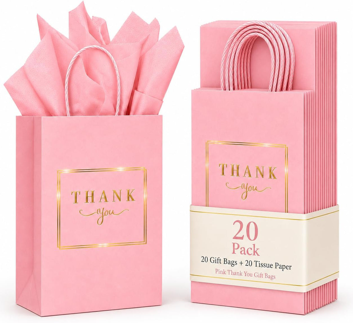 20 Pack Pink Thank You Gift Bags with Handles, 5.9x3.15x8.26 In