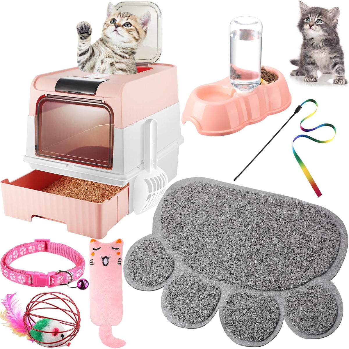 Tioncy 7 Pcs Small Cat Kitten Starter Kit Cat Litter Box with Shovel Paw Litter Mat Double Automatic Bowls Toy Teaser Stick Kitten Collar Essentials Kits for 1-3 Lbs Beginner(Pink)