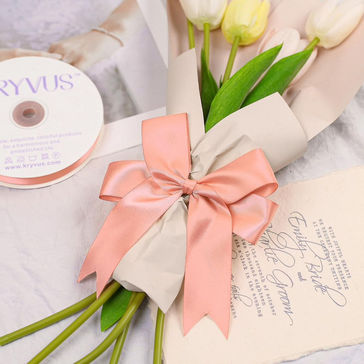 Peach Satin Ribbon, Double Faced 1-1/2 Inch X 50 Yards Peach Ribbon, Premium Satin Ribbons for Gift Wrapping, Crafts, Hair Bow Making, Sewing, Flower Bouquet, Wedding Party Decor