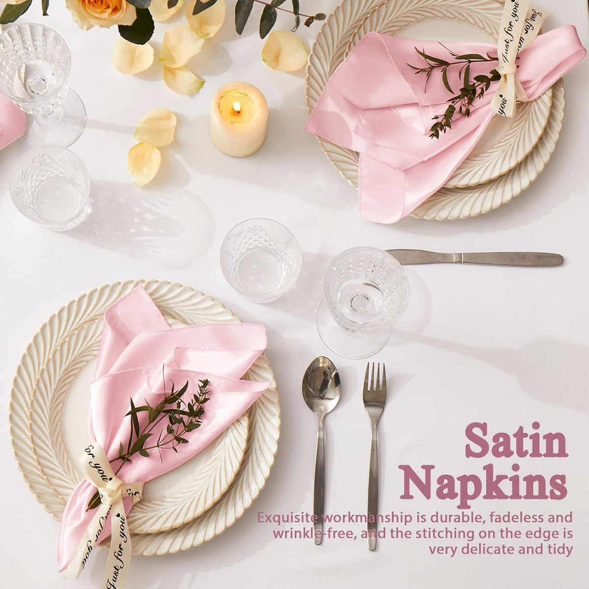 12 Pack Satin Table Cloth Napkins, 17x17 Inch Blush Pink Silky Wedding Napkins Cloth Washable, Luxury Dining Table Cloth Napkins Set for Birthday Holiday Party Dinner Restaurant