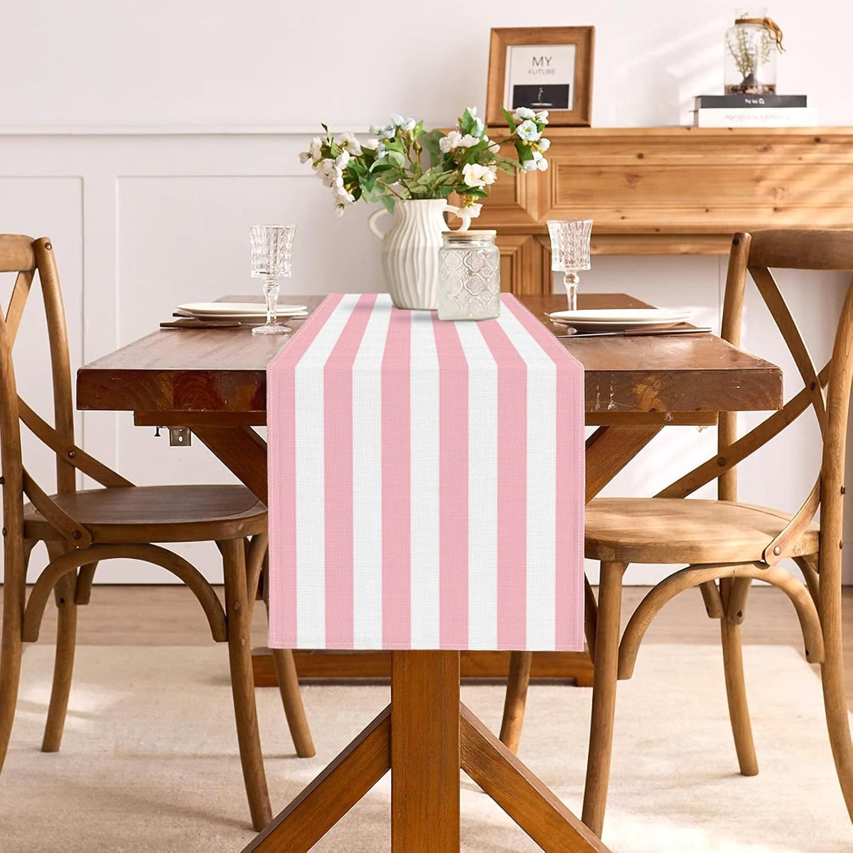 Pink and White Vertical Striped Table Runner Light Pink Birthday Party Decoration Baby Shower Dining Room Home Kitchen Table Decor (Pink, 13" x 90")
