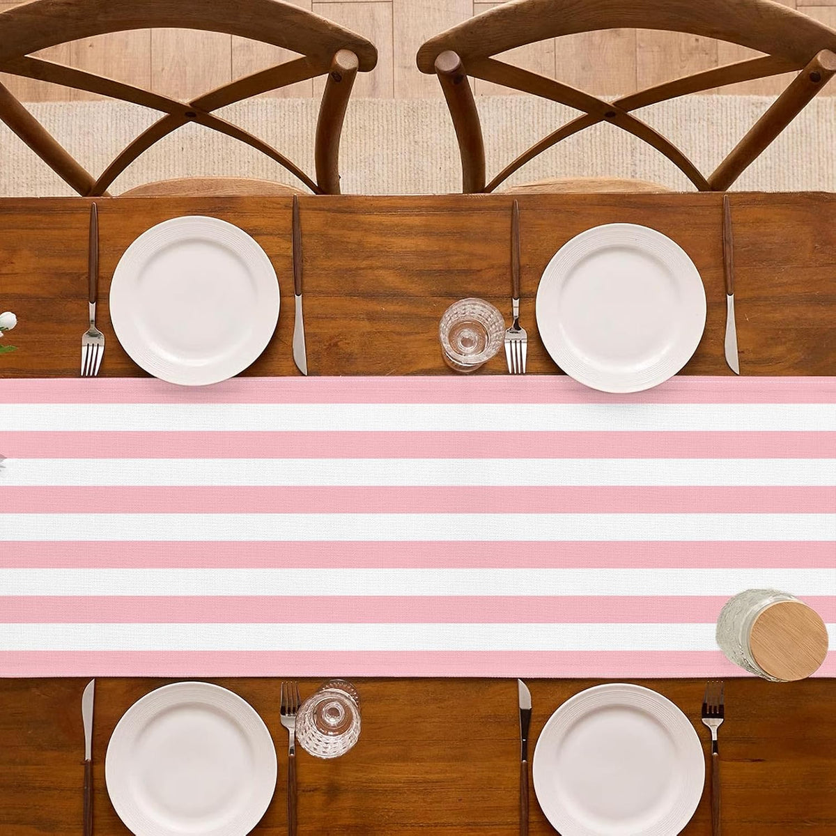 Pink and White Vertical Striped Table Runner Light Pink Birthday Party Decoration Baby Shower Dining Room Home Kitchen Table Decor (Pink, 13" x 90")