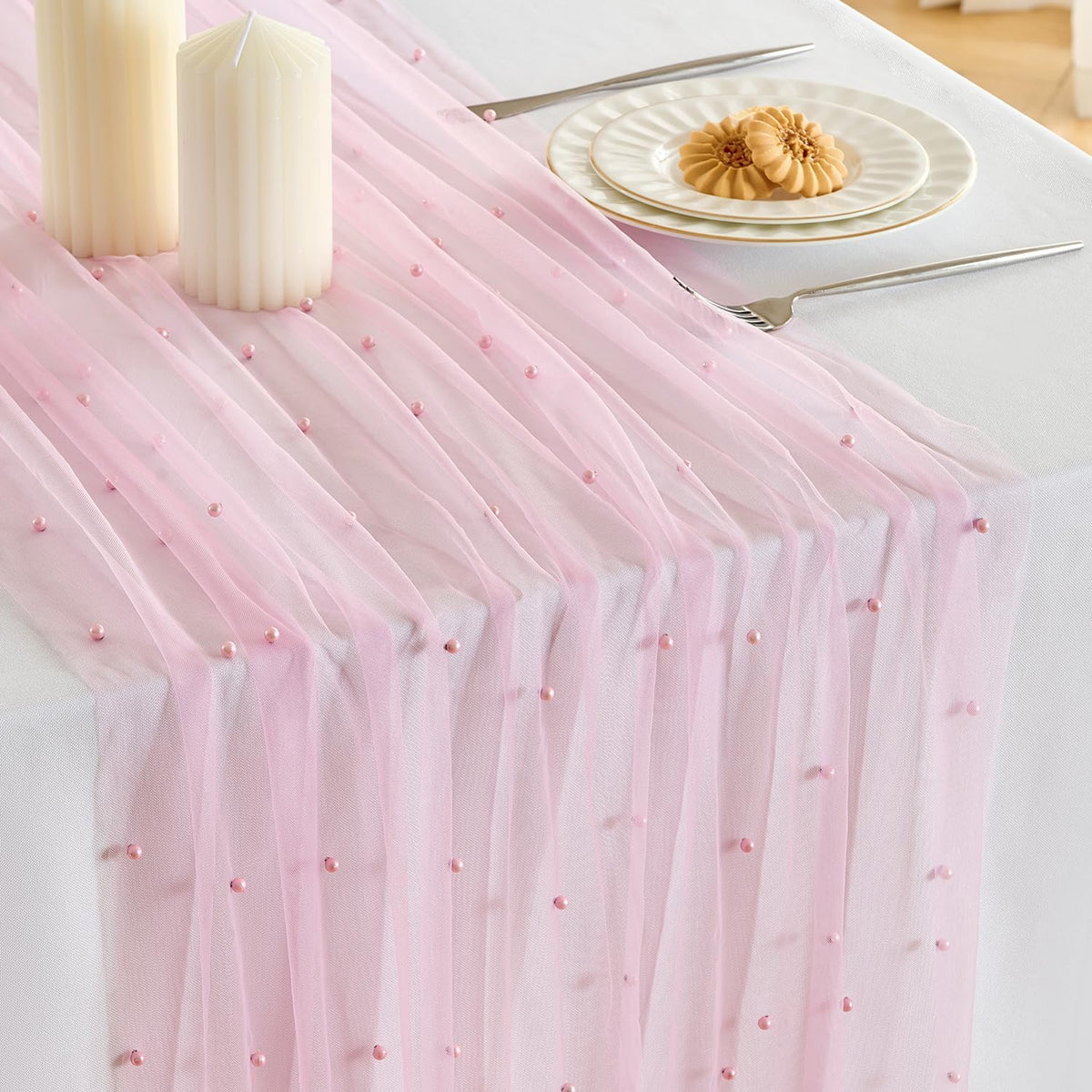 1 Pack Pearl Table Runner -10FT Blush Pink Boho Tulle Table Runners 120 Inches Long Rustic Sheer Lace Fabric Centerpieces for Wedding Arch Birthday Party Bridal Veil Baby Shower Decorations