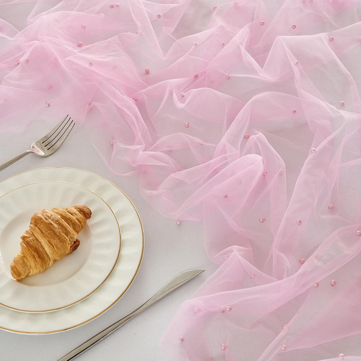1 Pack Pearl Table Runner -10FT Blush Pink Boho Tulle Table Runners 120 Inches Long Rustic Sheer Lace Fabric Centerpieces for Wedding Arch Birthday Party Bridal Veil Baby Shower Decorations