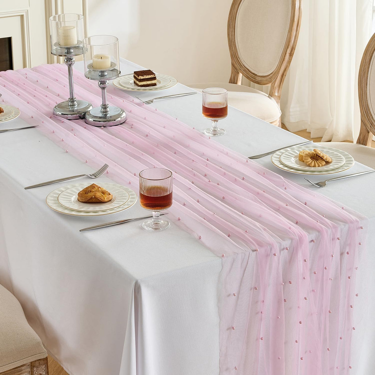 1 Pack Pearl Table Runner -10FT Blush Pink Boho Tulle Table Runners 120 Inches Long Rustic Sheer Lace Fabric Centerpieces for Wedding Arch Birthday Party Bridal Veil Baby Shower Decorations