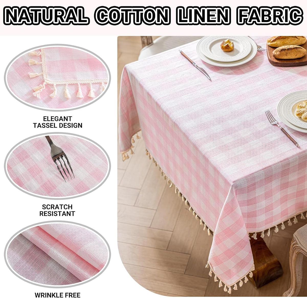 Checkered Tablecloth Round Cotton Linen Gingham Table Cloth with Tassel Washable Wrinkle Free Heavy Duty Buffalo Plaid Table Cover for Dining/Party/Picnic (Pink, 55" x 55" (Round))