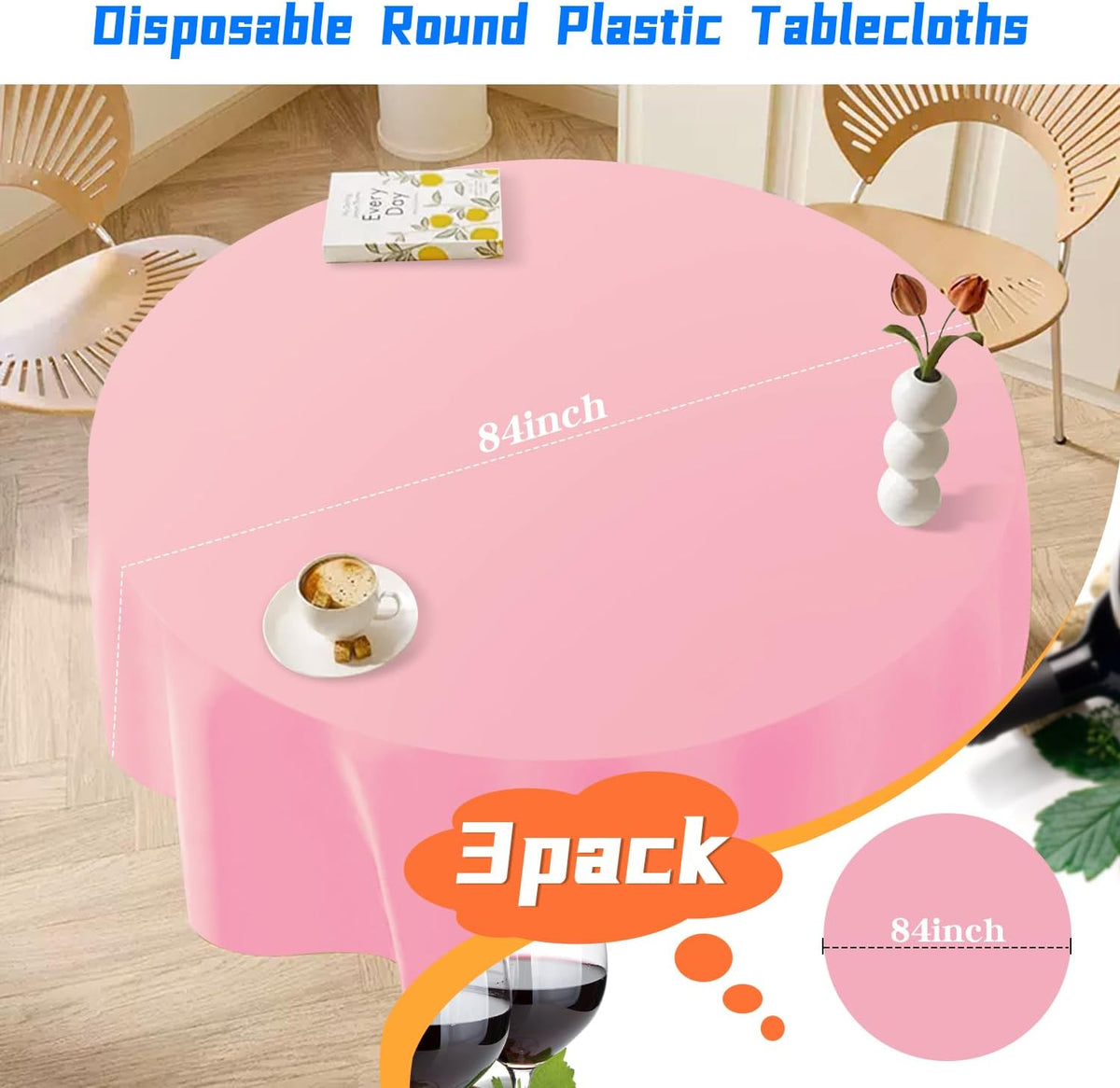 3 Pack Pink Plastic Tablecloth Disposable Round Table Cloth 84 Inch Table Cover for Parties
