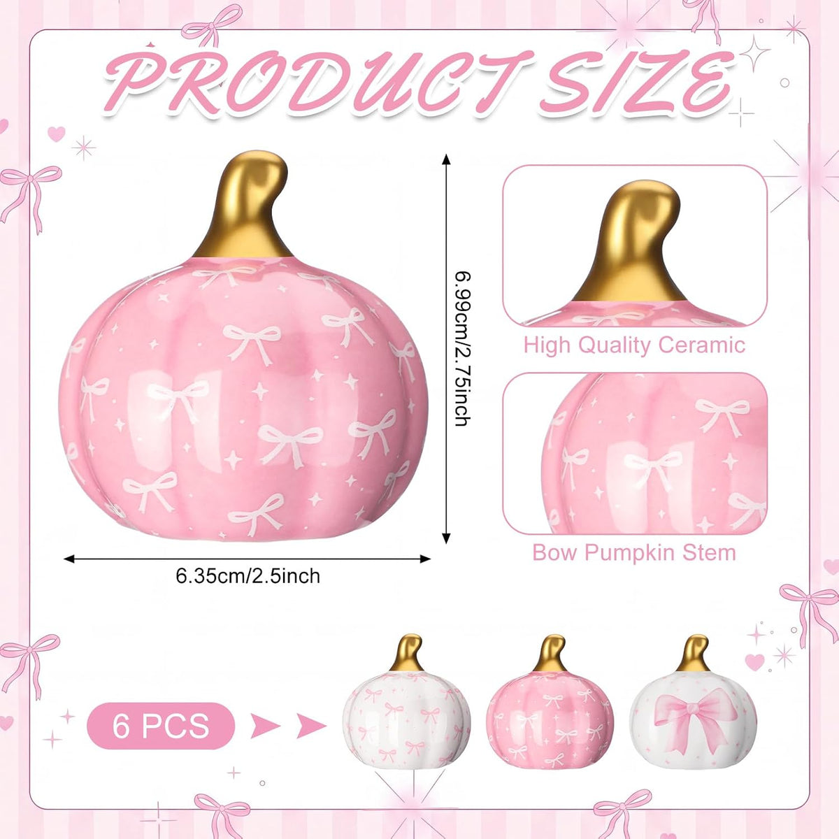 6 Pcs Pink and White Bow Ceramic Pumpkins Fall Table Decor