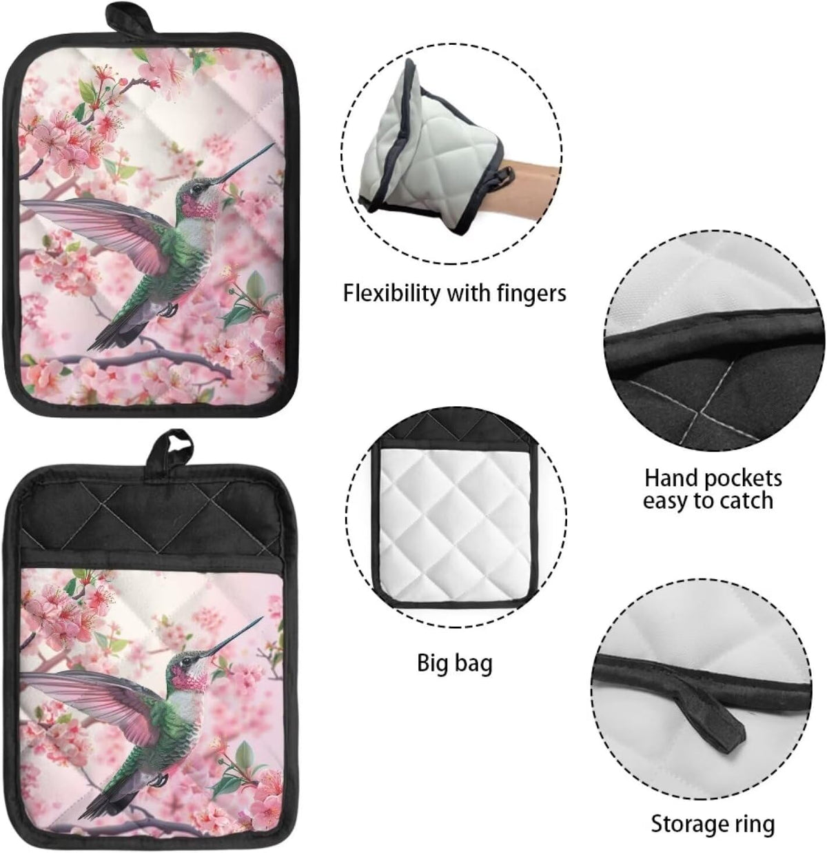 Hummingbird Pot Holders Non Slip Hot Pads Cherry Blossoms Cotton Potholders with Pocket Kitchen Heat Resistant Gloves Oven Mitts for Cooking Baking 2 Piece