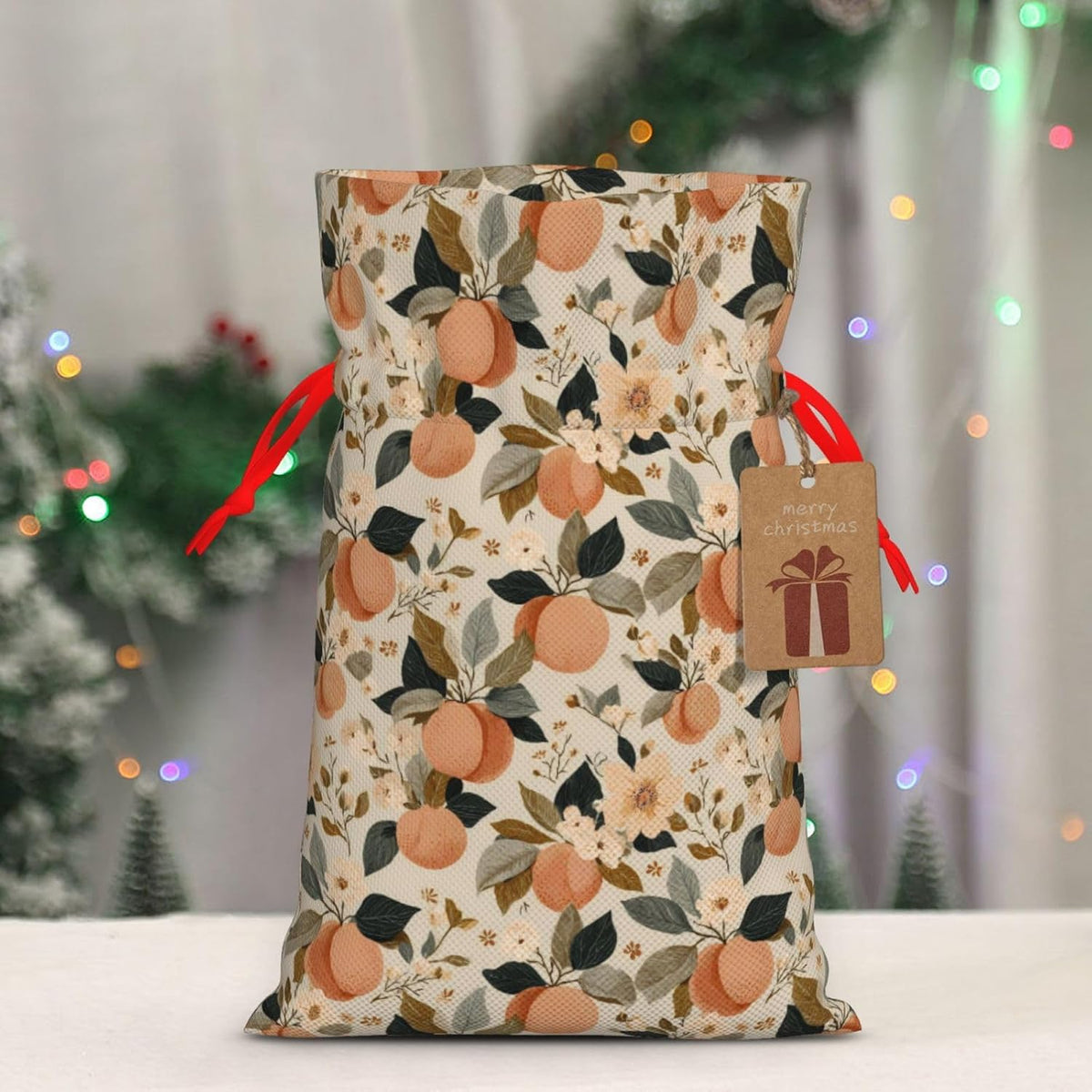 Moxquju Peaches (1) Print Christmas Drawstring Gift Bags, Reusable Candy Treat Bags For Holiday Birthday Party