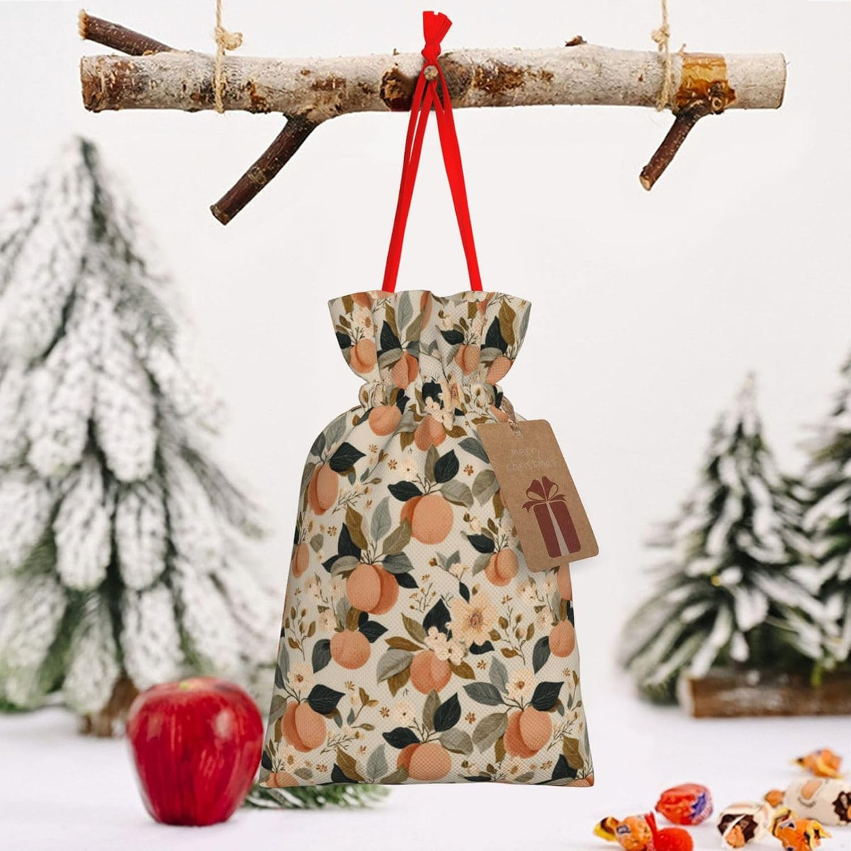 Moxquju Peaches (1) Print Christmas Drawstring Gift Bags, Reusable Candy Treat Bags For Holiday Birthday Party
