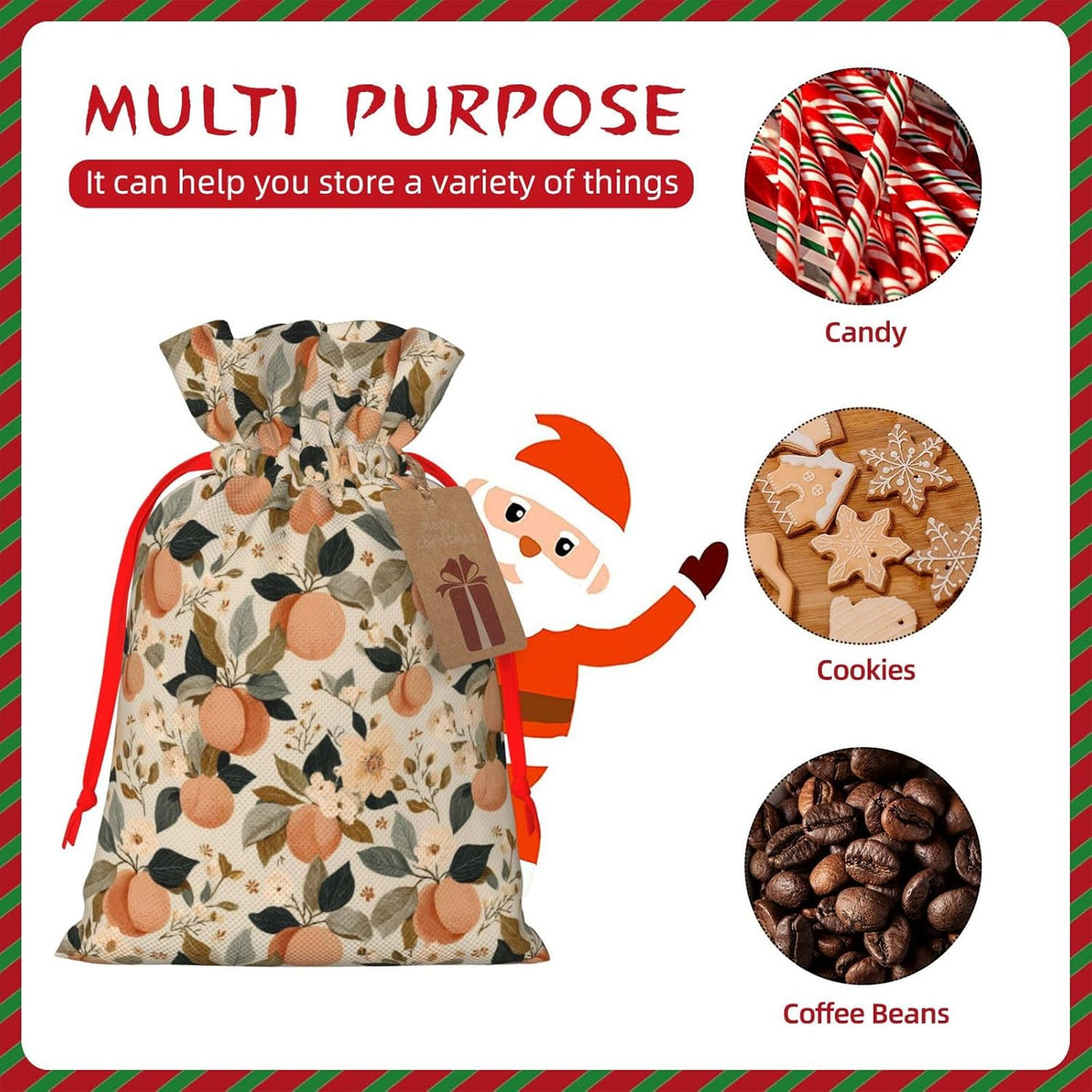 Moxquju Peaches (1) Print Christmas Drawstring Gift Bags, Reusable Candy Treat Bags For Holiday Birthday Party